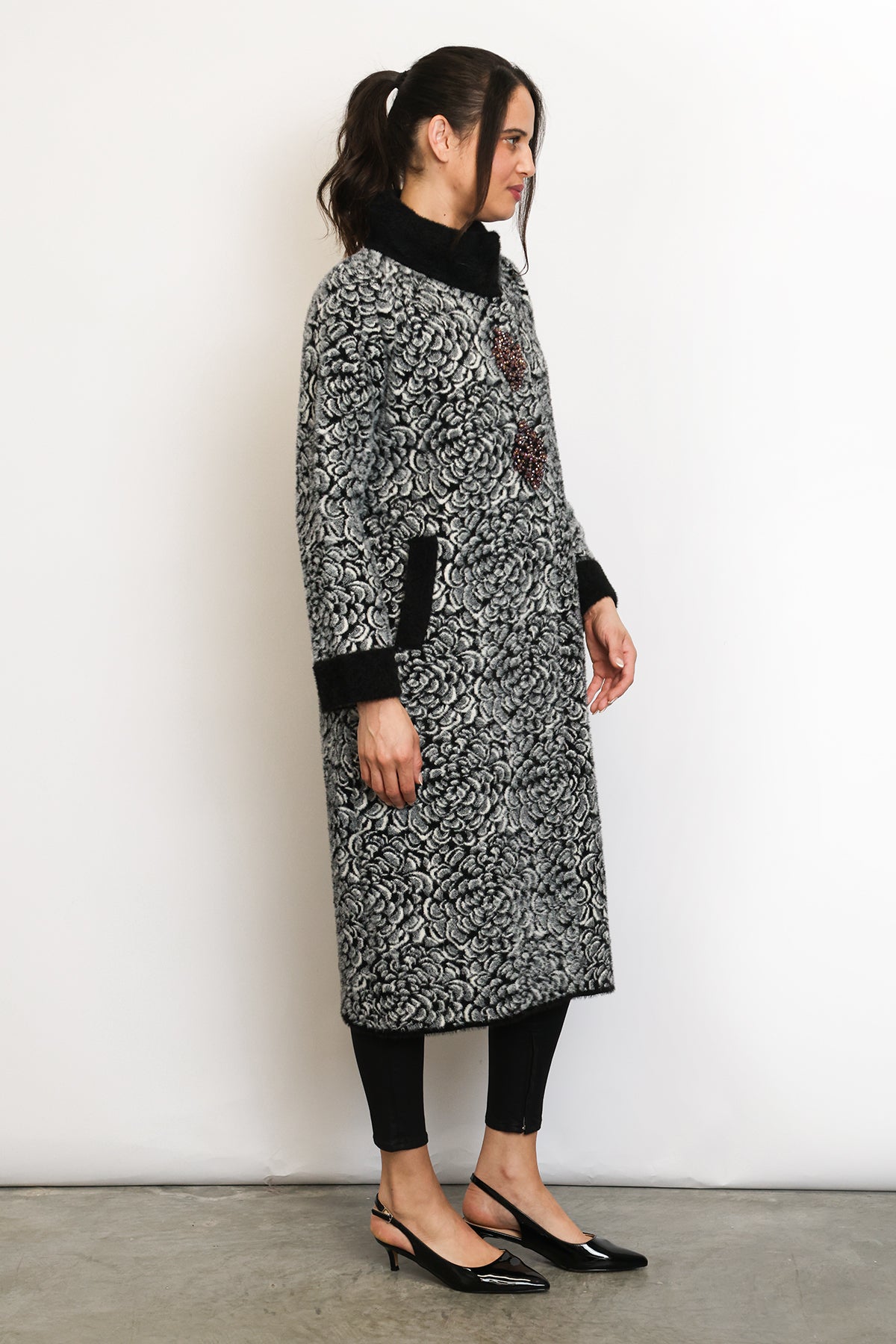 Kaylee Floral Jacquard Print Embellished Fur Overcoat