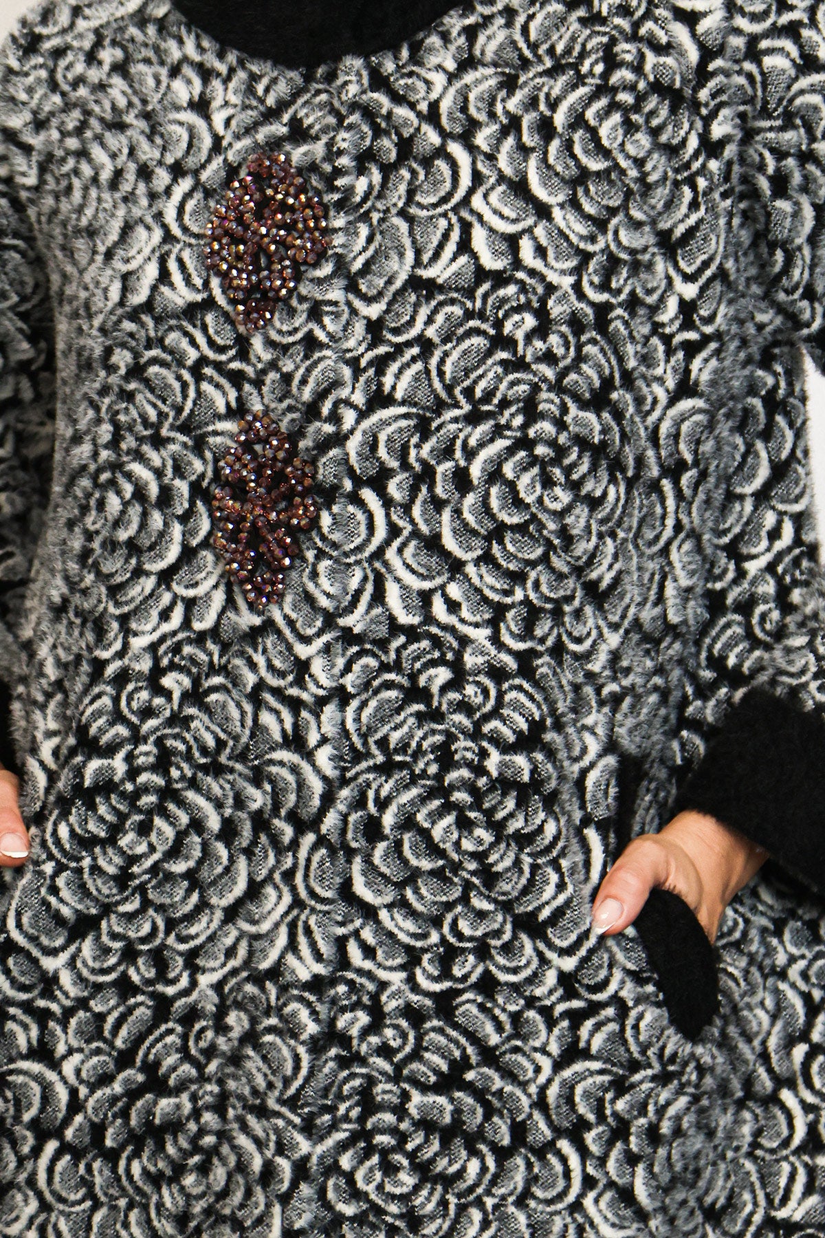 Kaylee Floral Jacquard Print Embellished Fur Overcoat