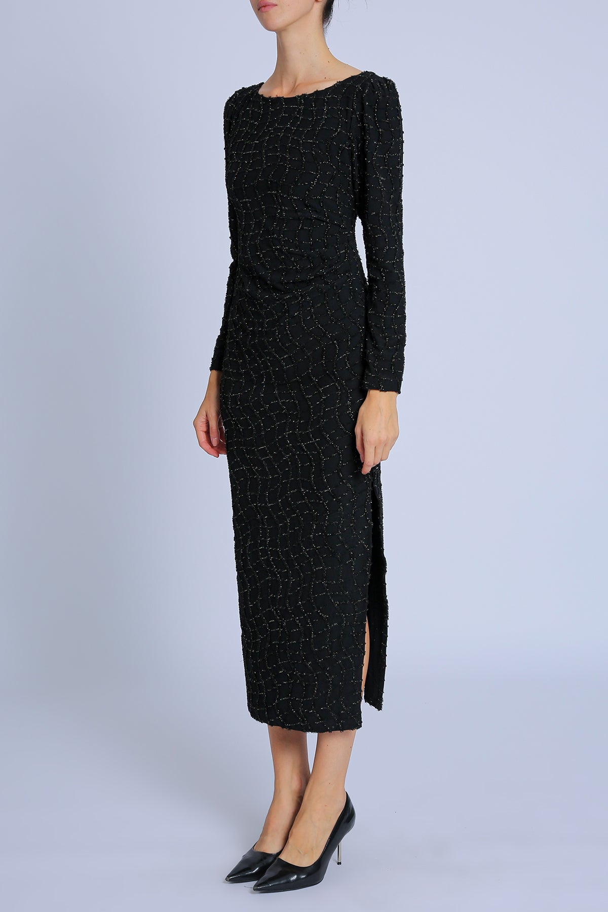 Grayson Glitter Mesh Detail Bodycon Slit Maxi Dress - Shop Beulah Style