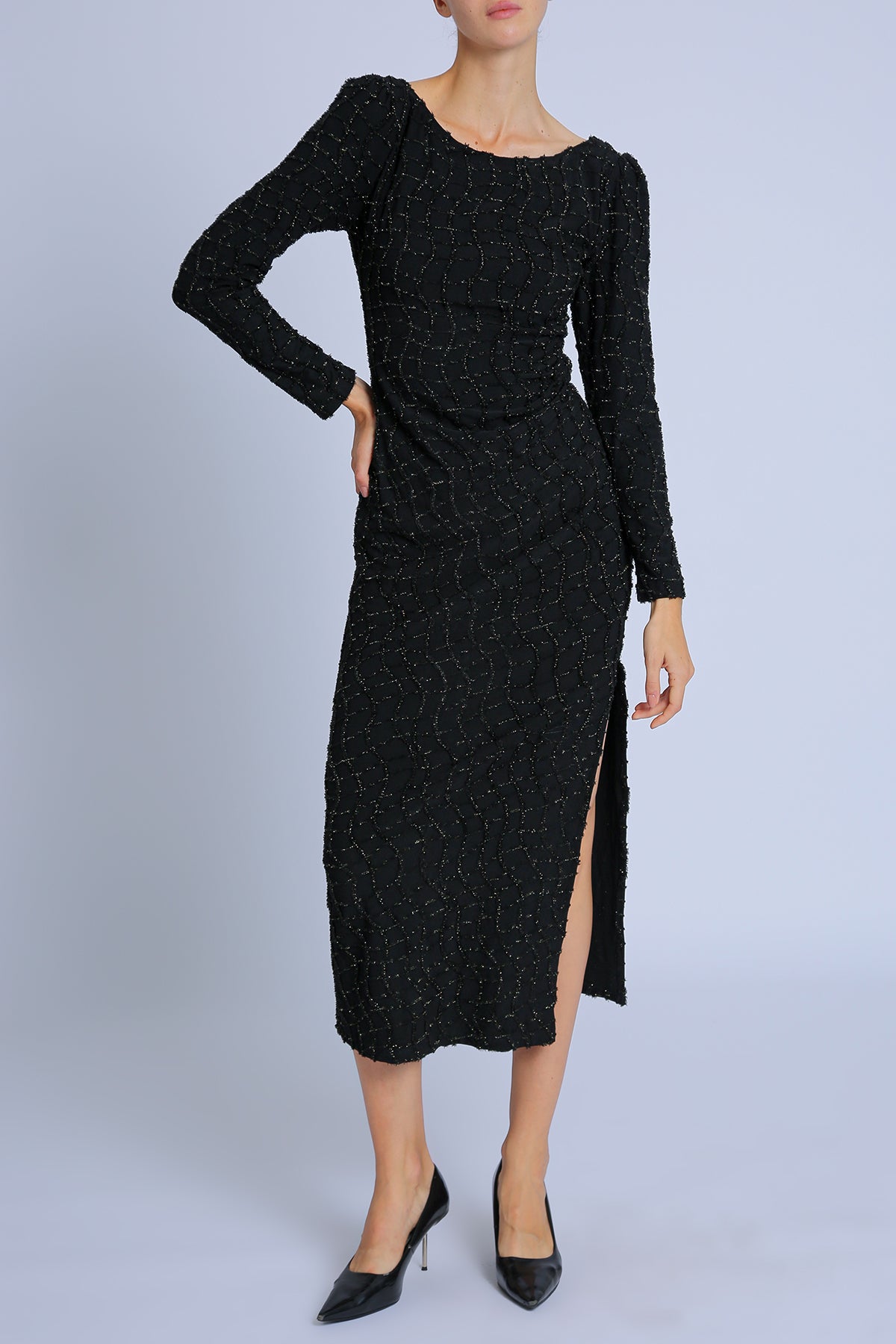 Grayson Glitter Mesh Detail Bodycon Slit Maxi Dress - Shop Beulah Style