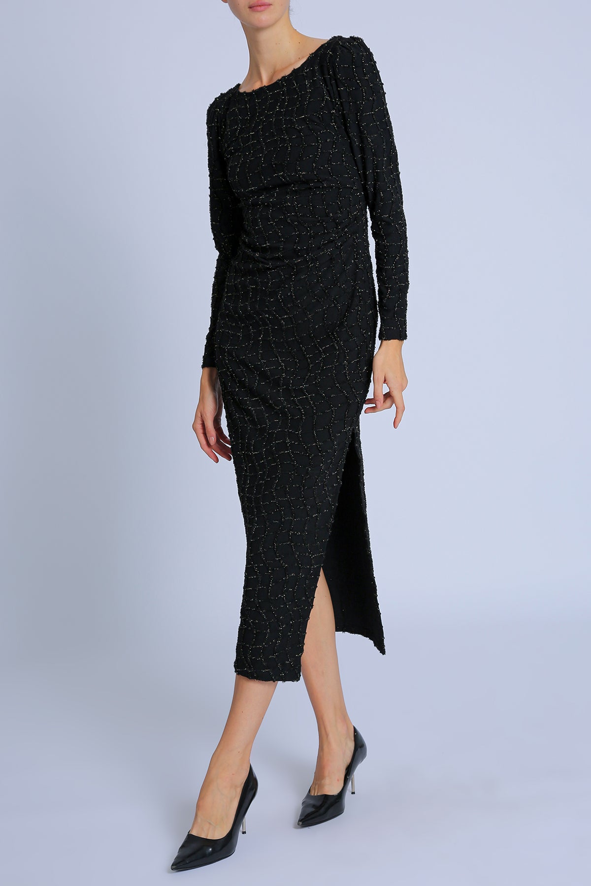Grayson Glitter Mesh Detail Bodycon Slit Maxi Dress - Shop Beulah Style