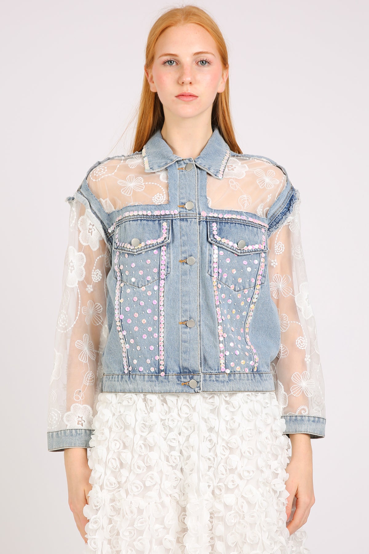 Megan Sequined Floral Embroidered Tulle Denim Jacket - Shop Beulah Style