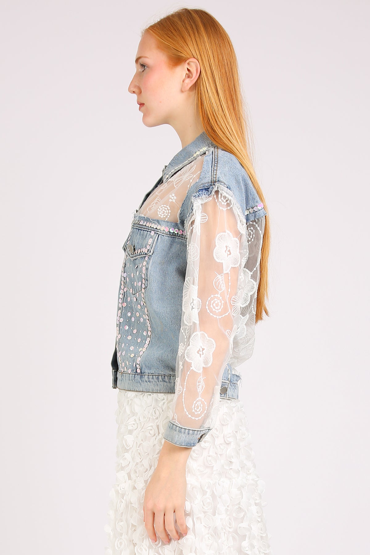 Megan Sequined Floral Embroidered Tulle Denim Jacket - Shop Beulah Style