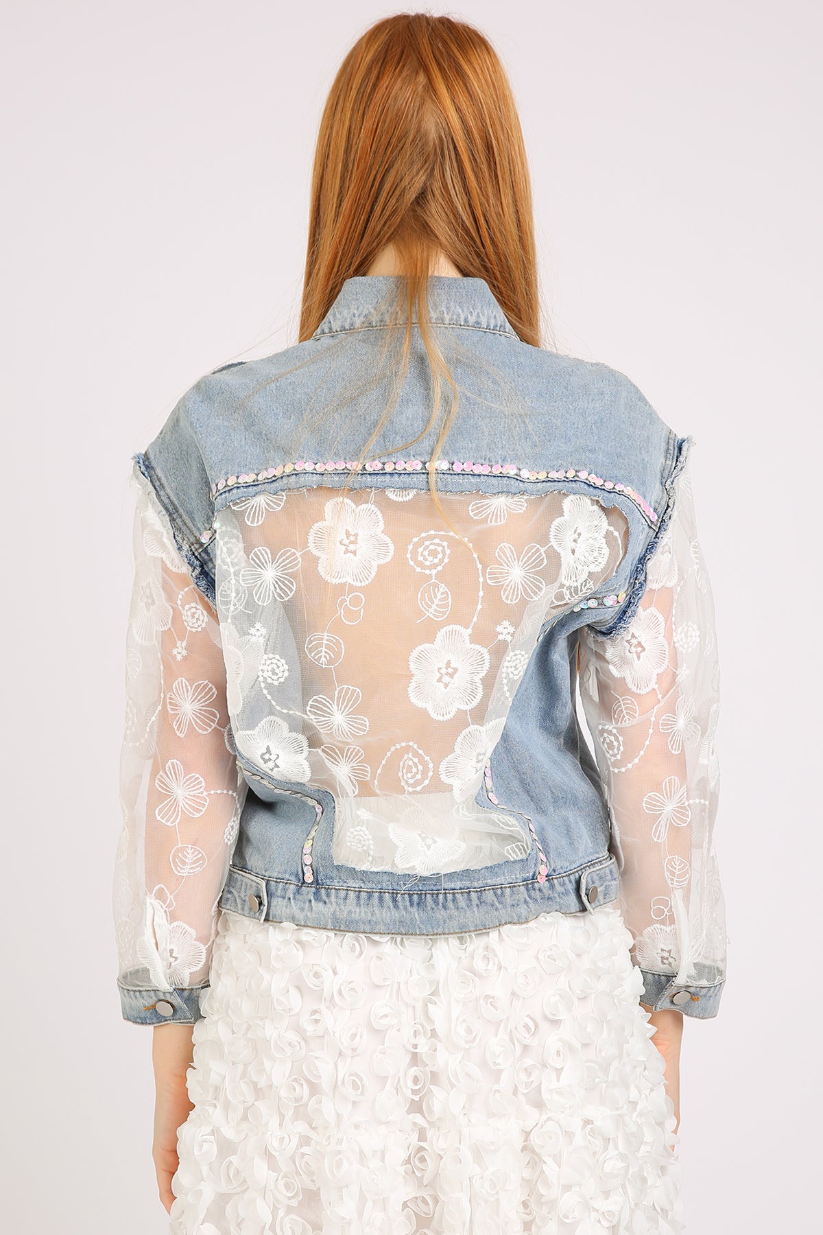 Megan Sequined Floral Embroidered Tulle Denim Jacket - Shop Beulah Style
