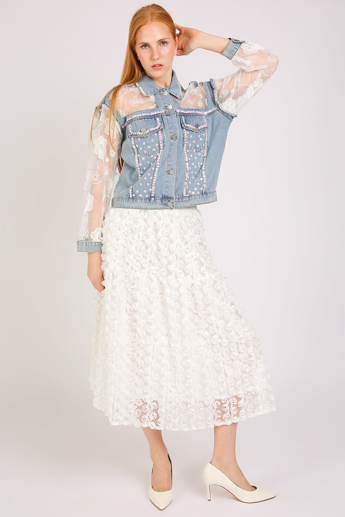 Megan Sequined Floral Embroidered Tulle Denim Jacket - Shop Beulah Style
