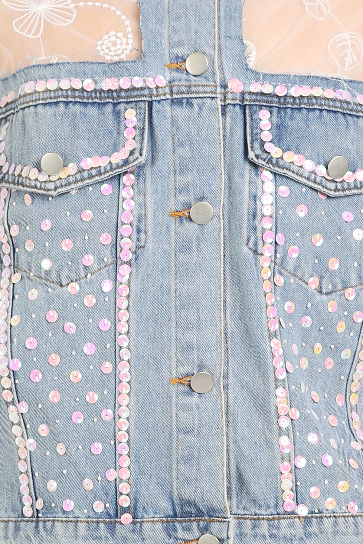 Megan Sequined Floral Embroidered Tulle Denim Jacket - Shop Beulah Style