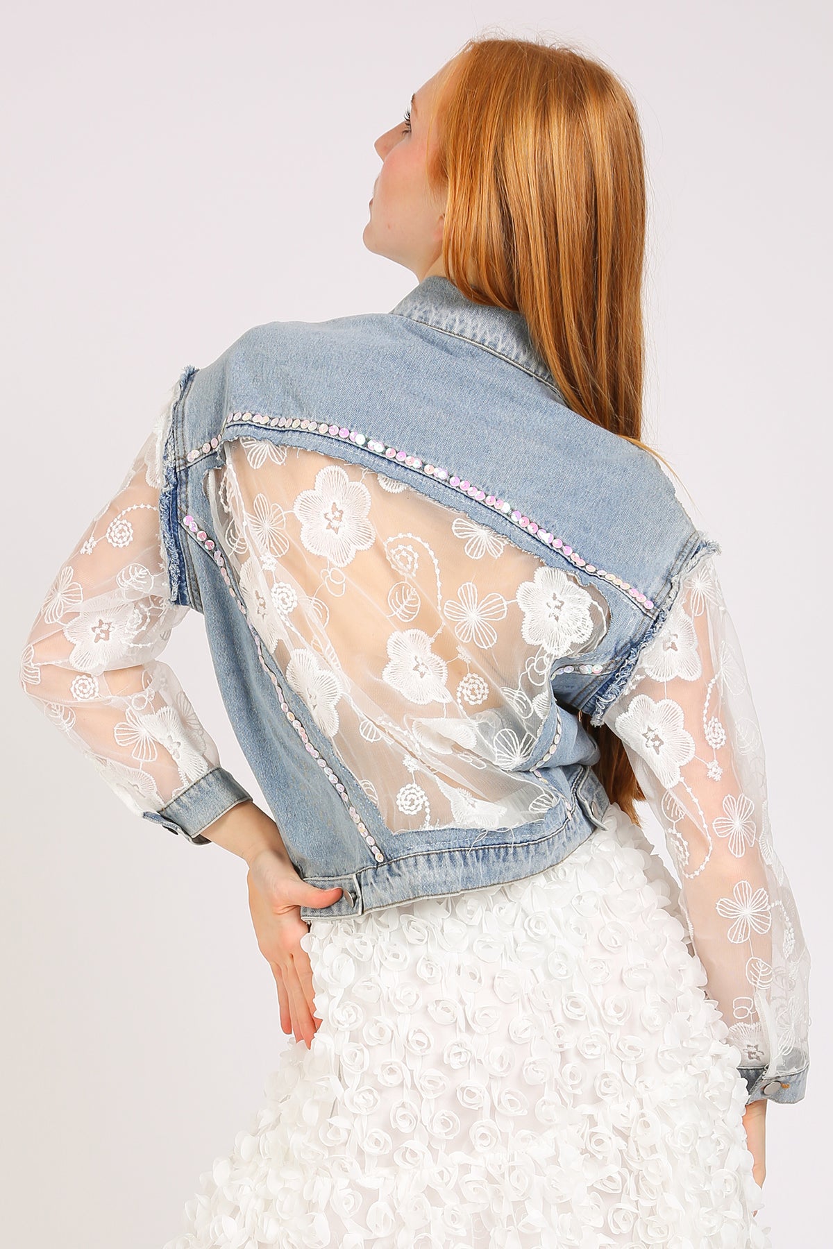 Megan Sequined Floral Embroidered Tulle Denim Jacket - Shop Beulah Style