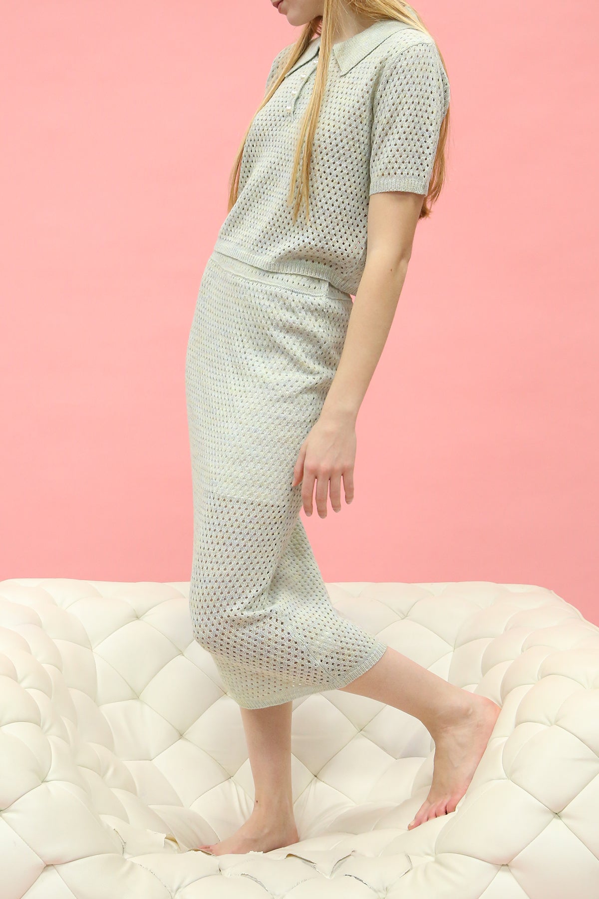 Clover Hollow Out Henley Ribbed Knit Crop Top & Skirt Set - Shop Beulah Style
