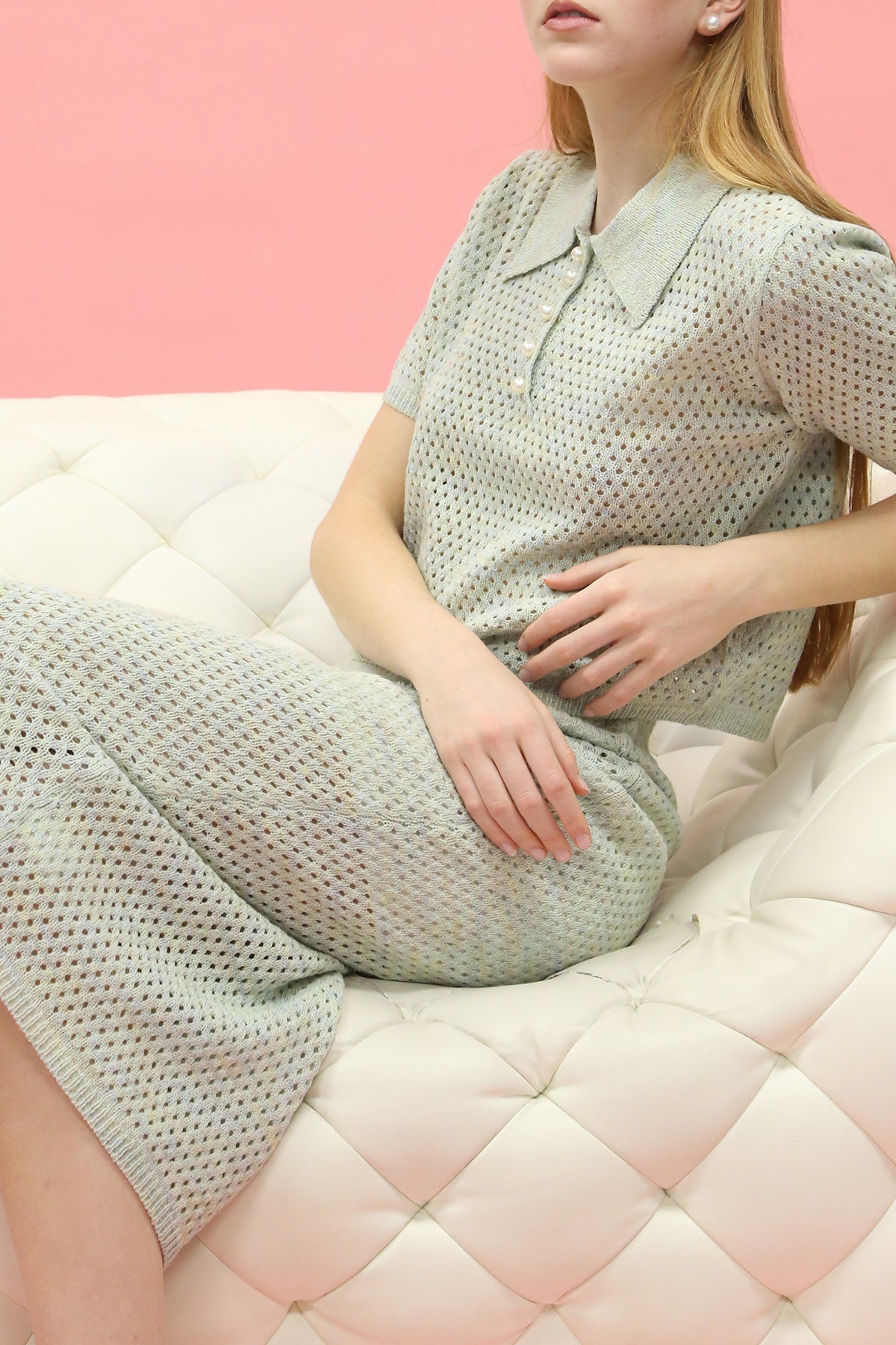 Clover Hollow Out Henley Ribbed Knit Crop Top & Skirt Set - Shop Beulah Style