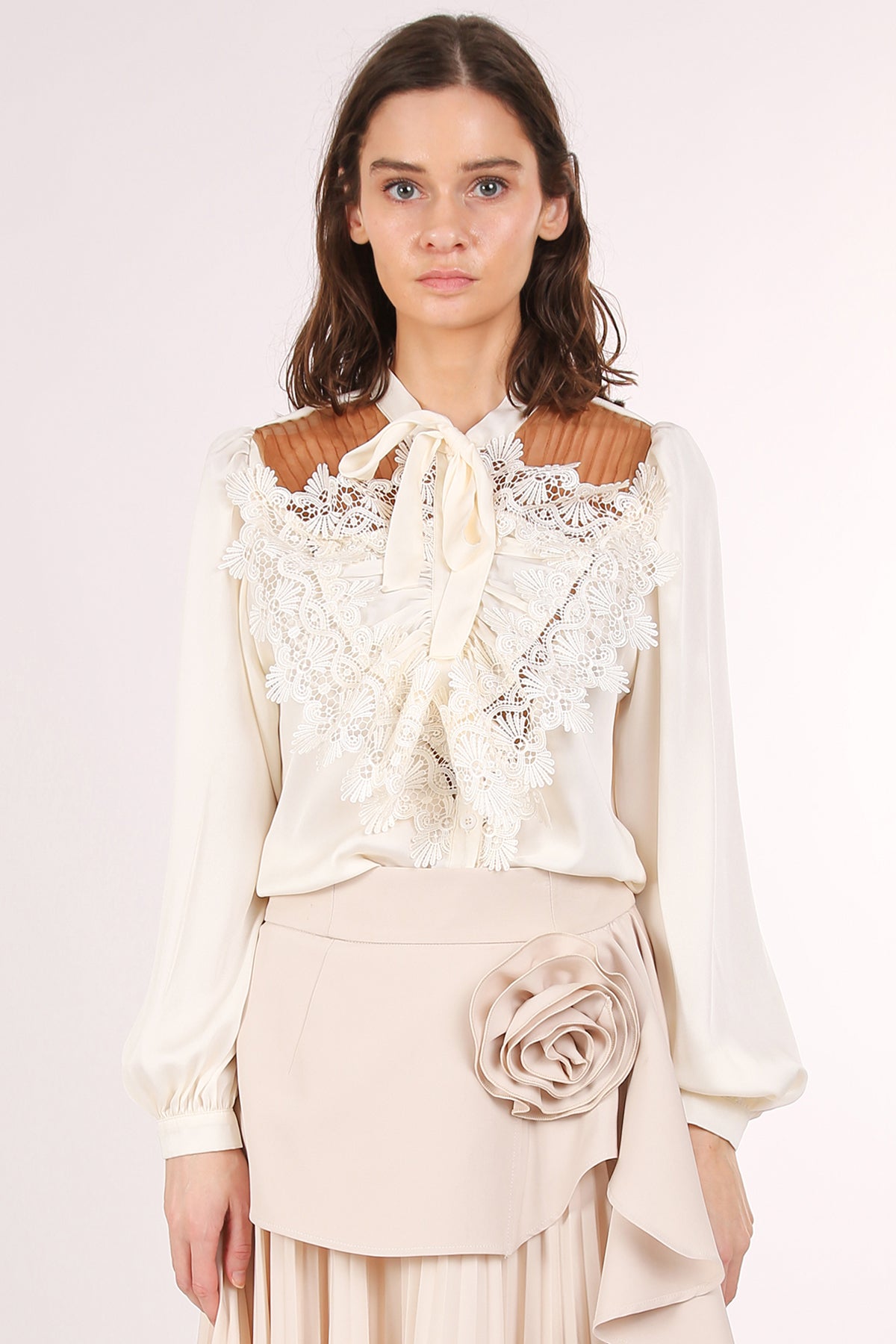 Benedict Satin Front Ruffled Lace Detail Bowtie Blouse - Shop Beulah Style