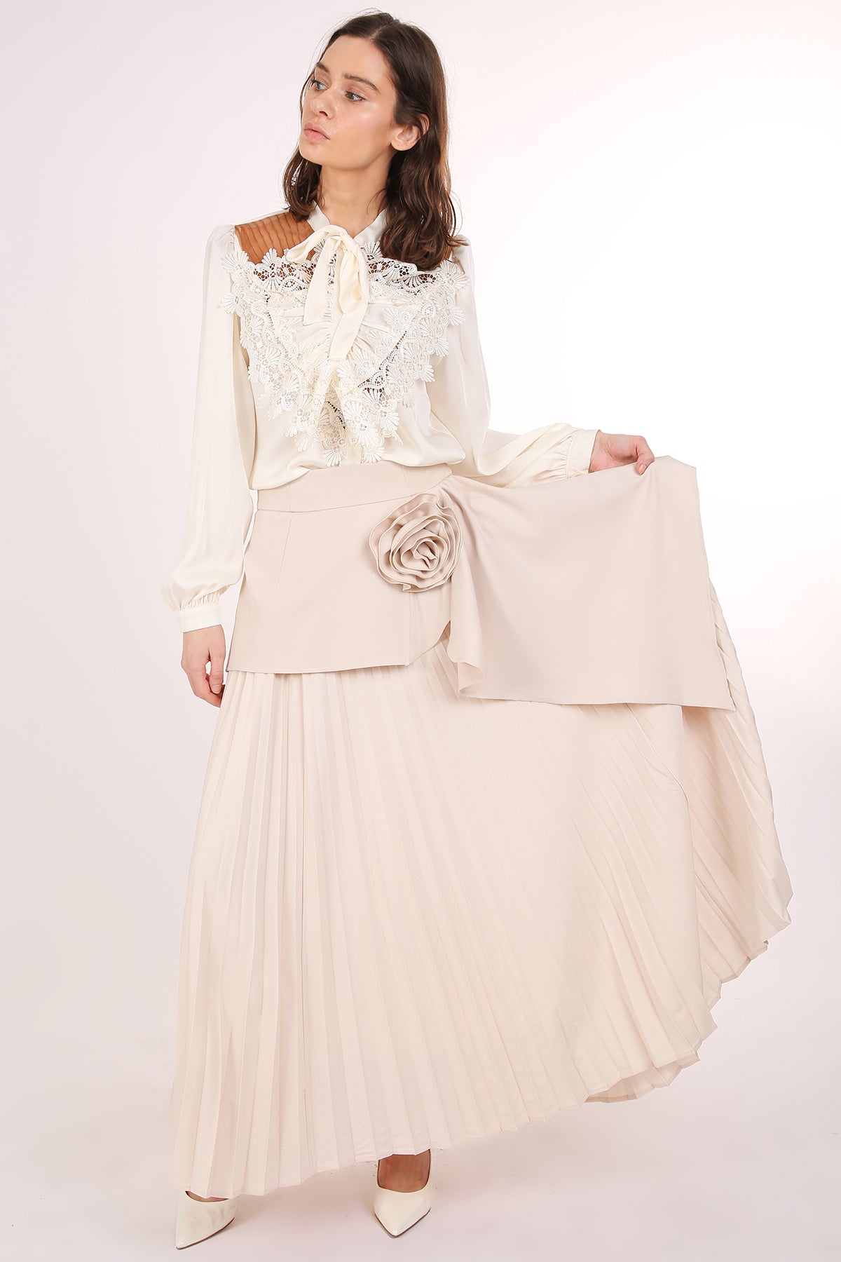 Benedict Satin Front Ruffled Lace Detail Bowtie Blouse - Shop Beulah Style