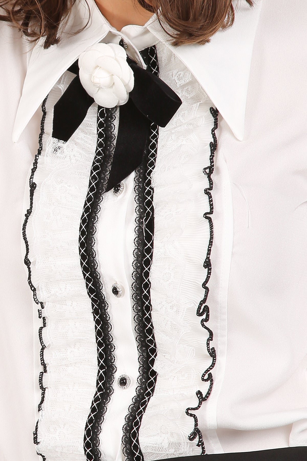 Blaire Contrast Piping Lace Detail Floral Corsage Blouse - Shop Beulah Style