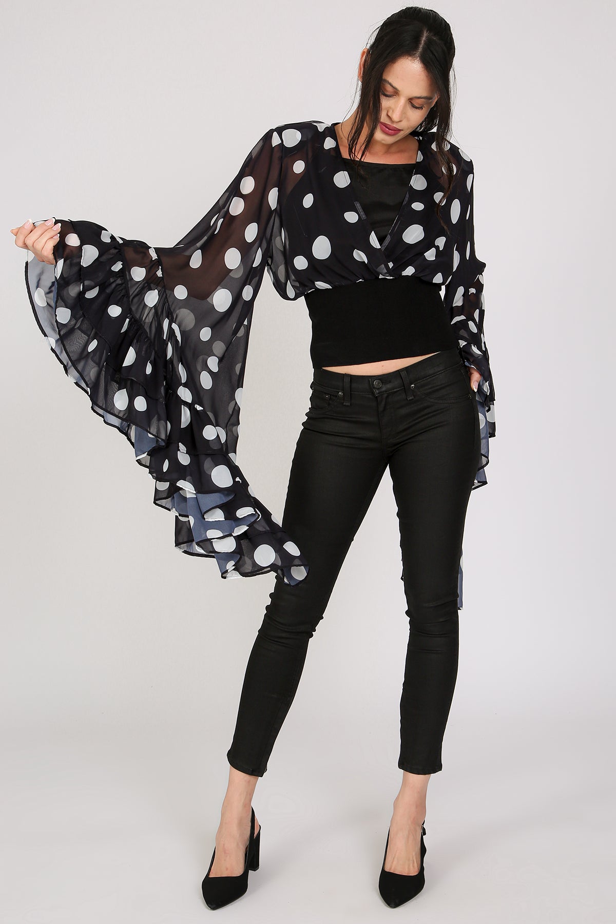 Jarvis Polka Dot Printed Ruffled Flare Chiffon Blouse - Shop Beulah Style