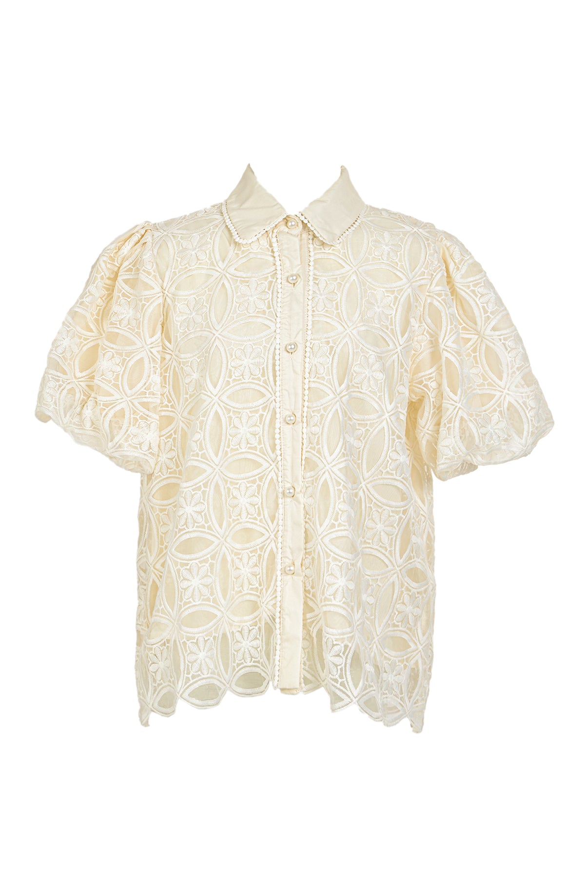 Blaine Floral Embroidered Detail Lace Trim Puff Blouse