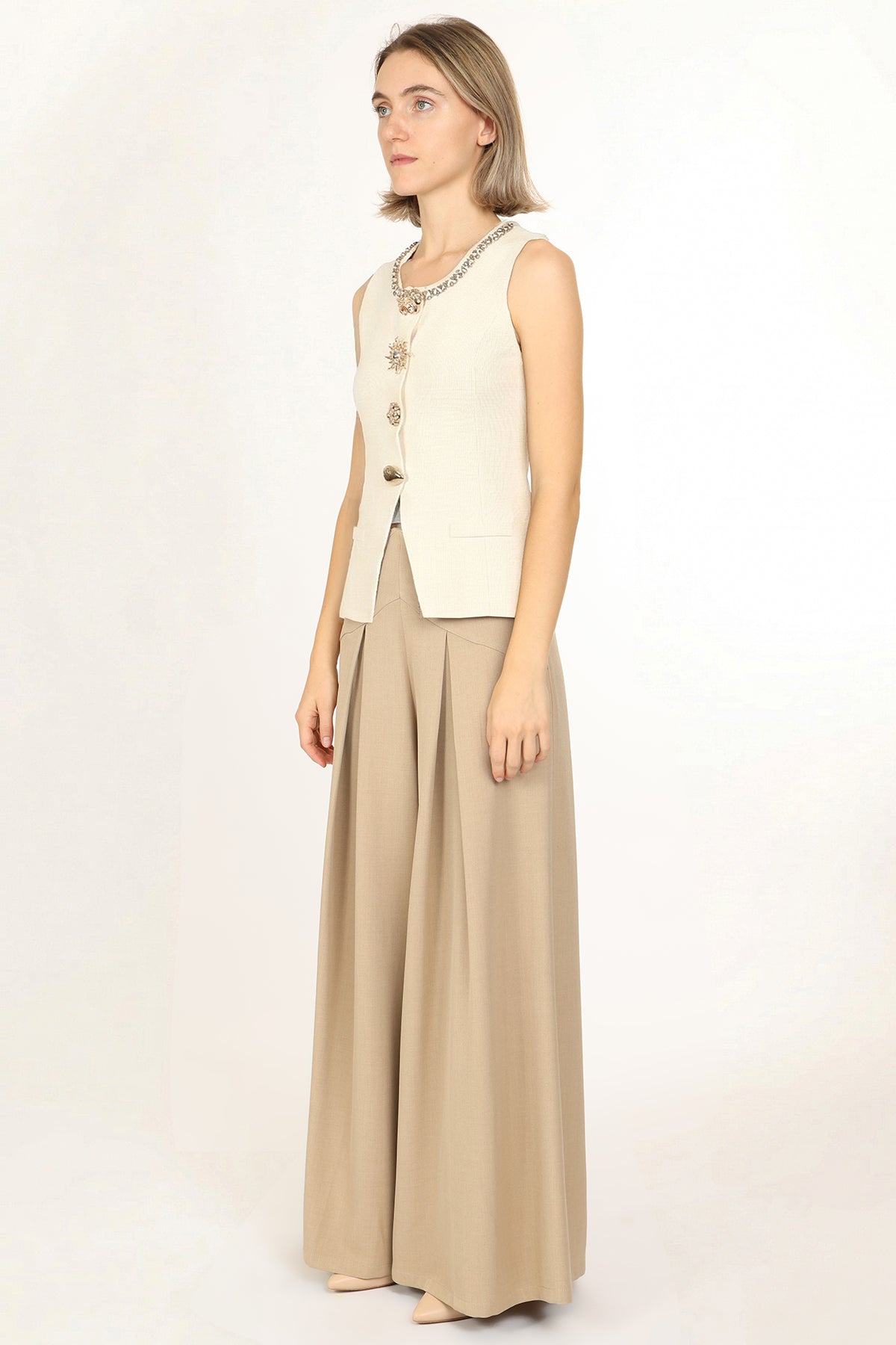 Rocky Beaded Collar Metallic Multi-Button Sleeveless Top - Shop Beulah Style