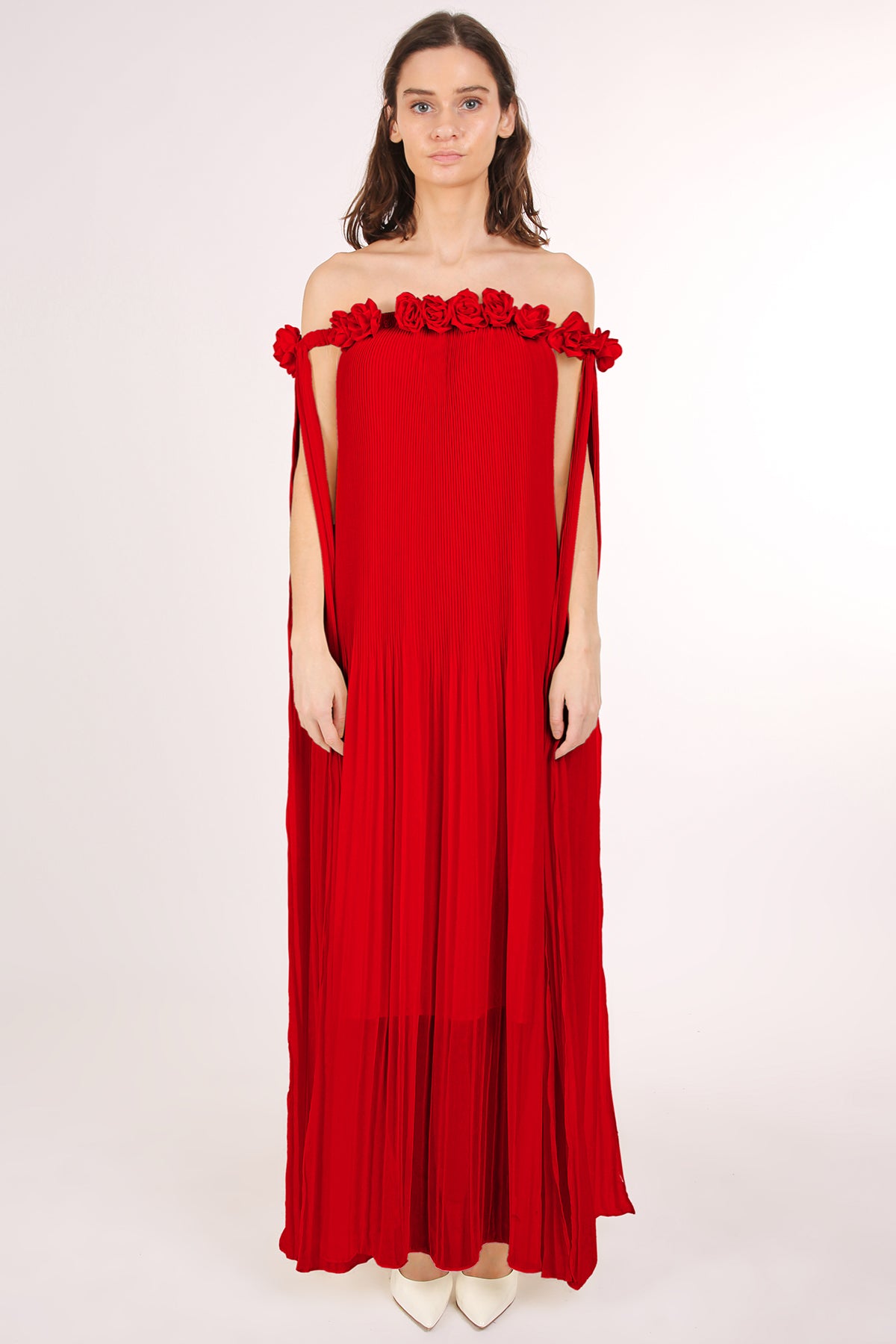 Samantha Multi Floral Corsage Off Shoulder Pleat Maxi Dress - Shop Beulah Style