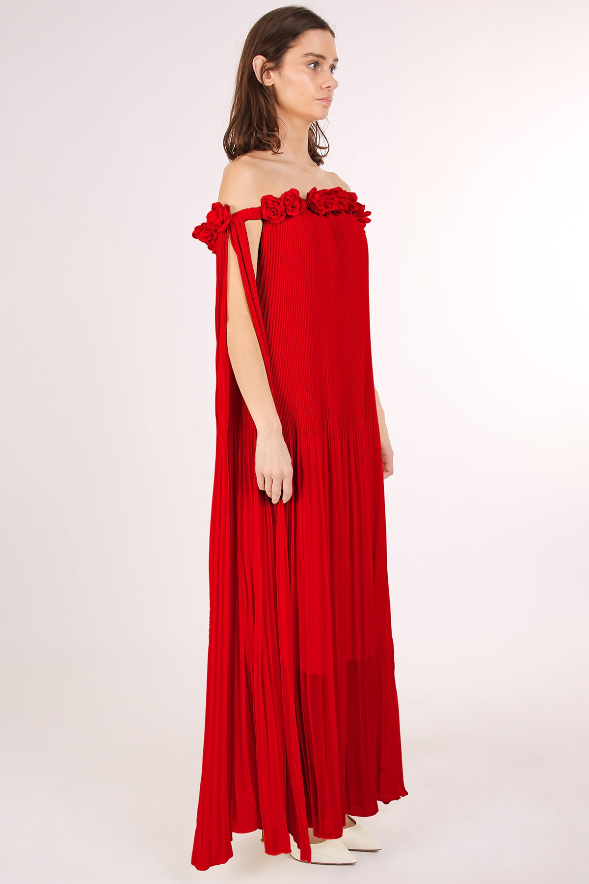 Samantha Multi Floral Corsage Off Shoulder Pleat Maxi Dress - Shop Beulah Style