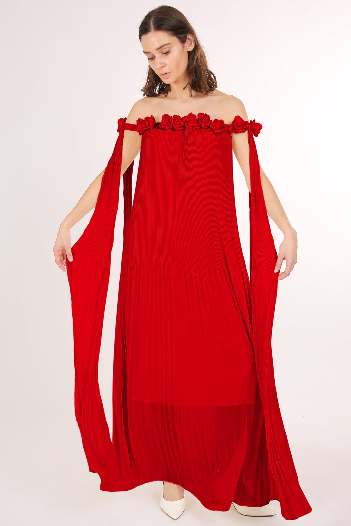 Samantha Multi Floral Corsage Off Shoulder Pleat Maxi Dress - Shop Beulah Style