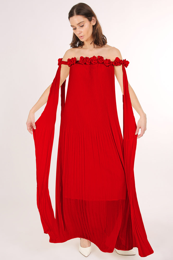 Samantha Multi Floral Corsage Off Shoulder Pleat Maxi Dress