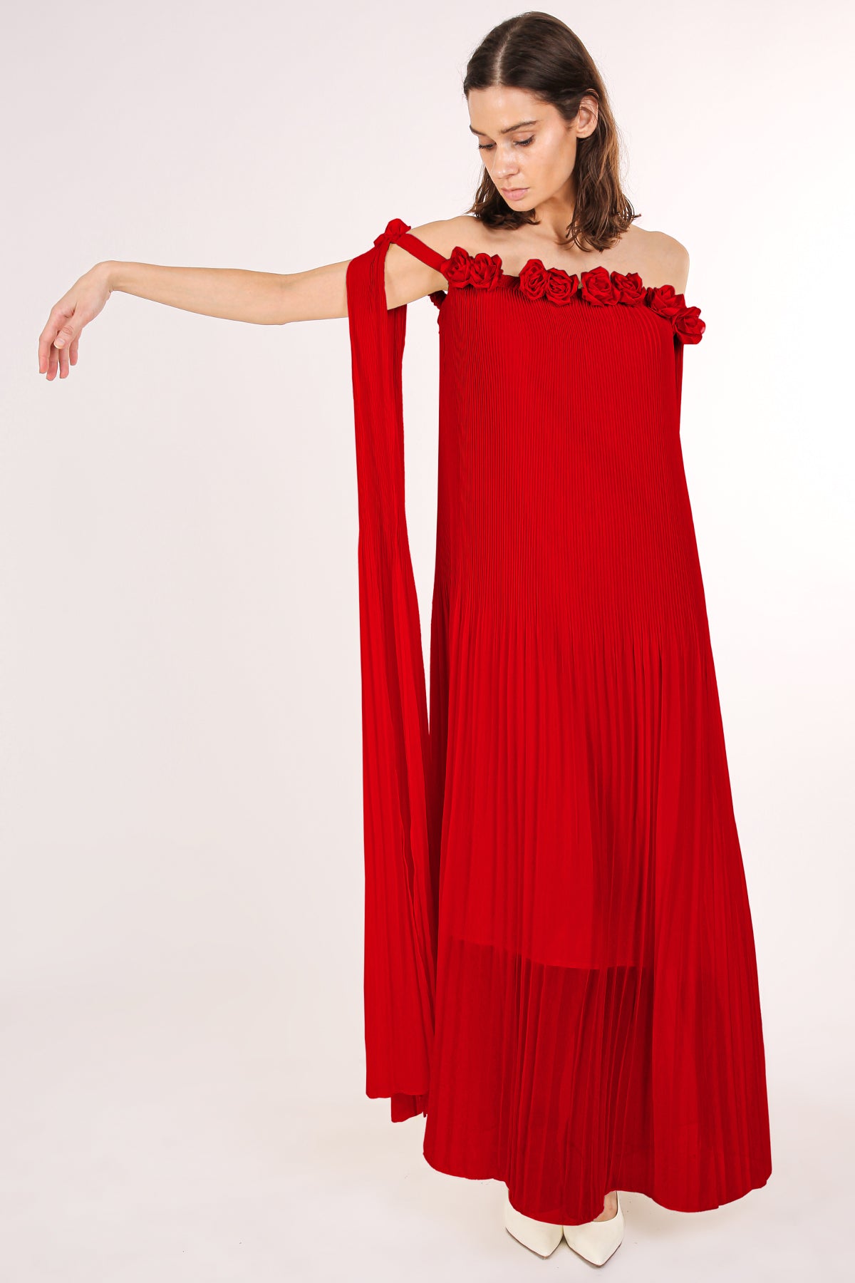 Samantha Multi Floral Corsage Off Shoulder Pleat Maxi Dress - Shop Beulah Style