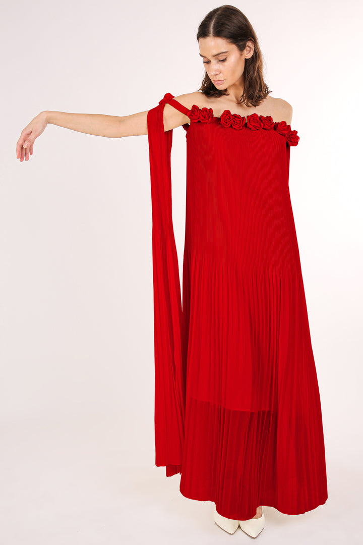 Samantha Multi Floral Corsage Off Shoulder Pleat Maxi Dress