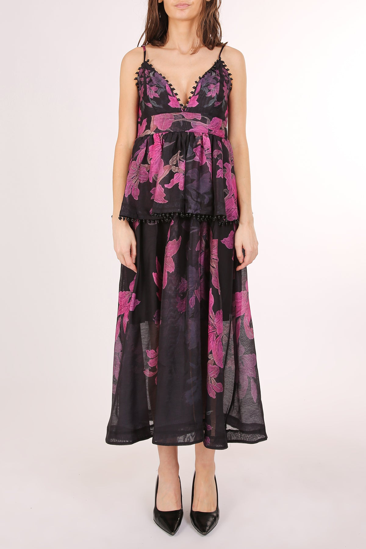 Tiara Beaded Trim Tiered Floral Print Maxi Slip Dress - Shop Beulah Style