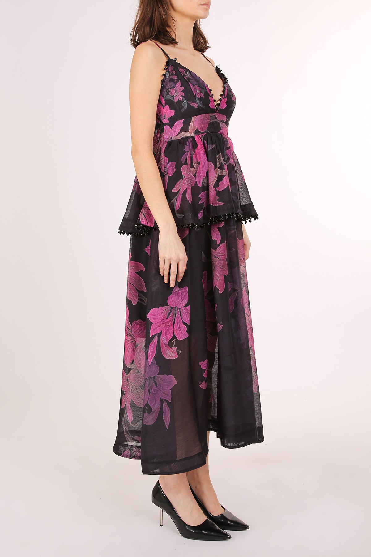Tiara Beaded Trim Tiered Floral Print Maxi Slip Dress - Shop Beulah Style