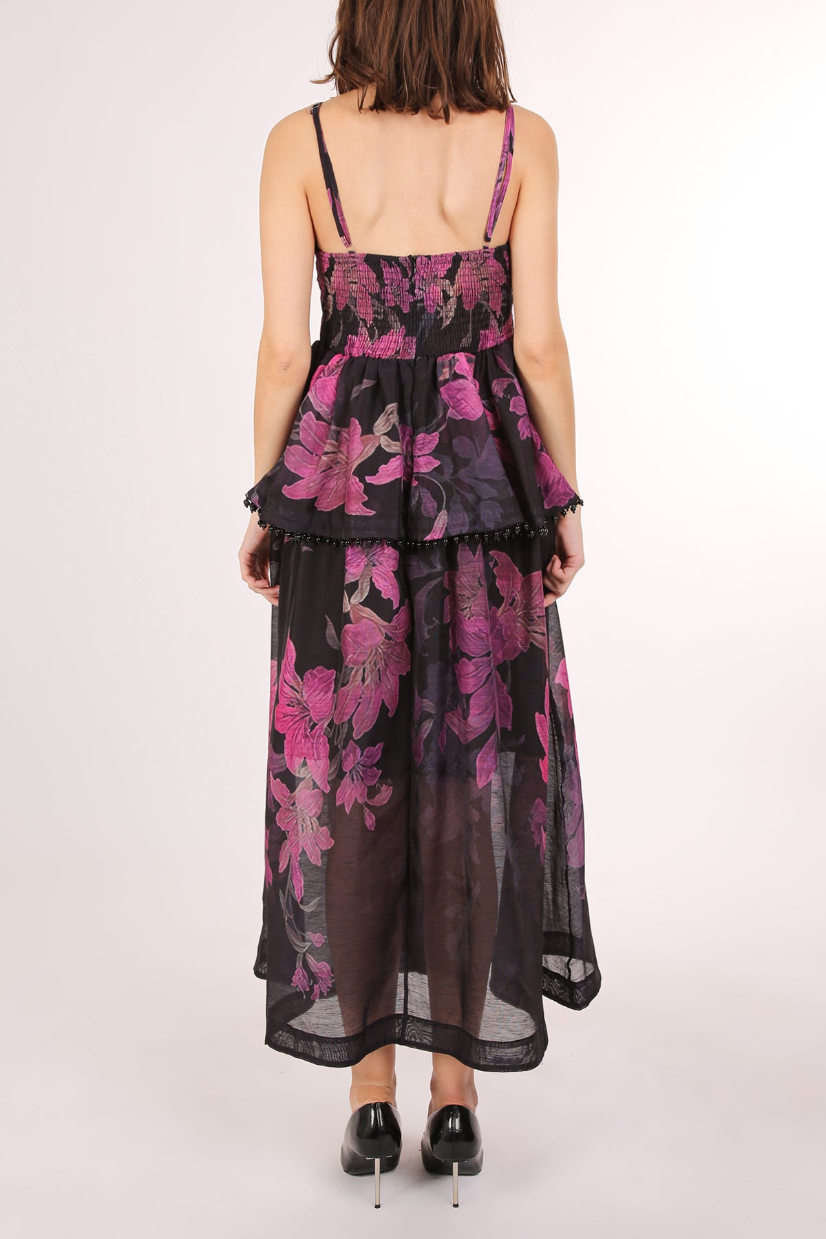 Tiara Beaded Trim Tiered Floral Print Maxi Slip Dress - Shop Beulah Style