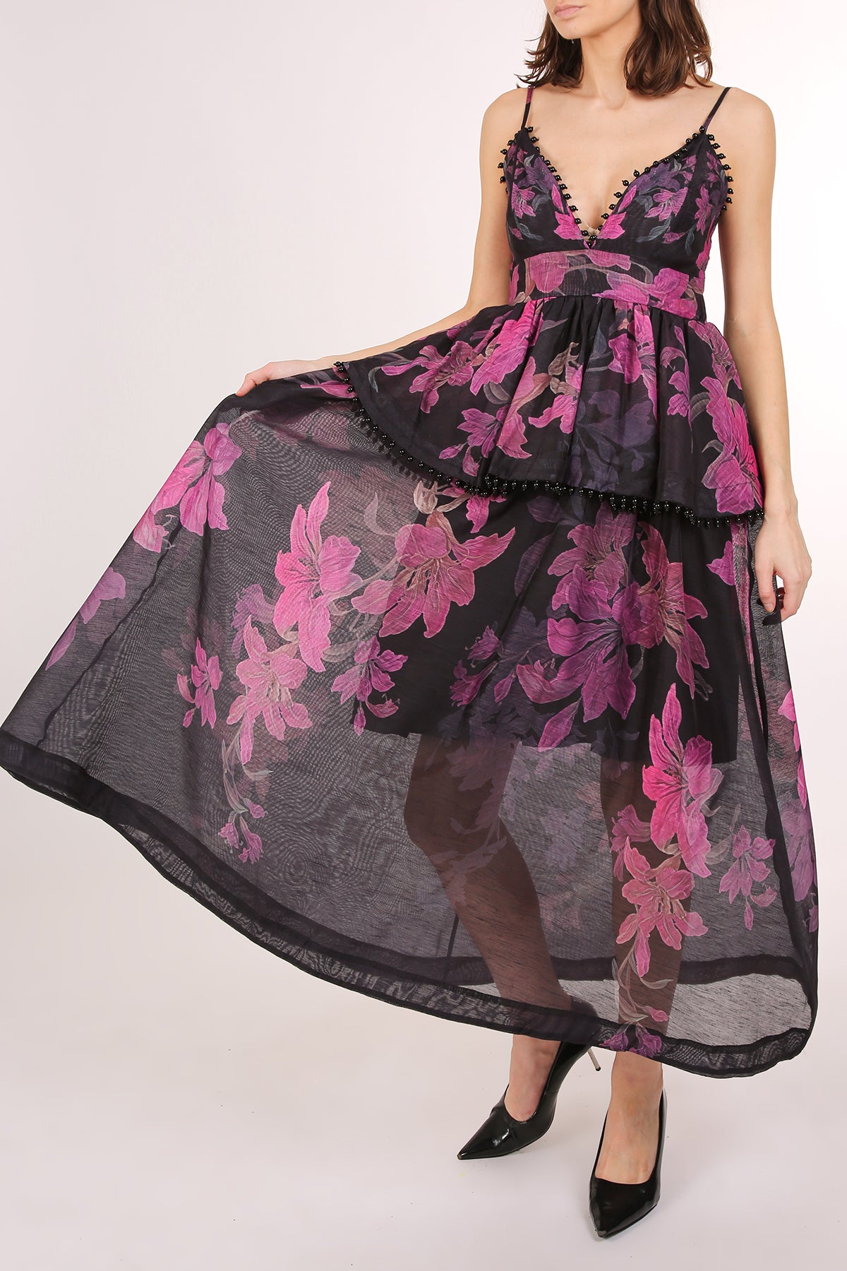 Tiara Beaded Trim Tiered Floral Print Maxi Slip Dress - Shop Beulah Style