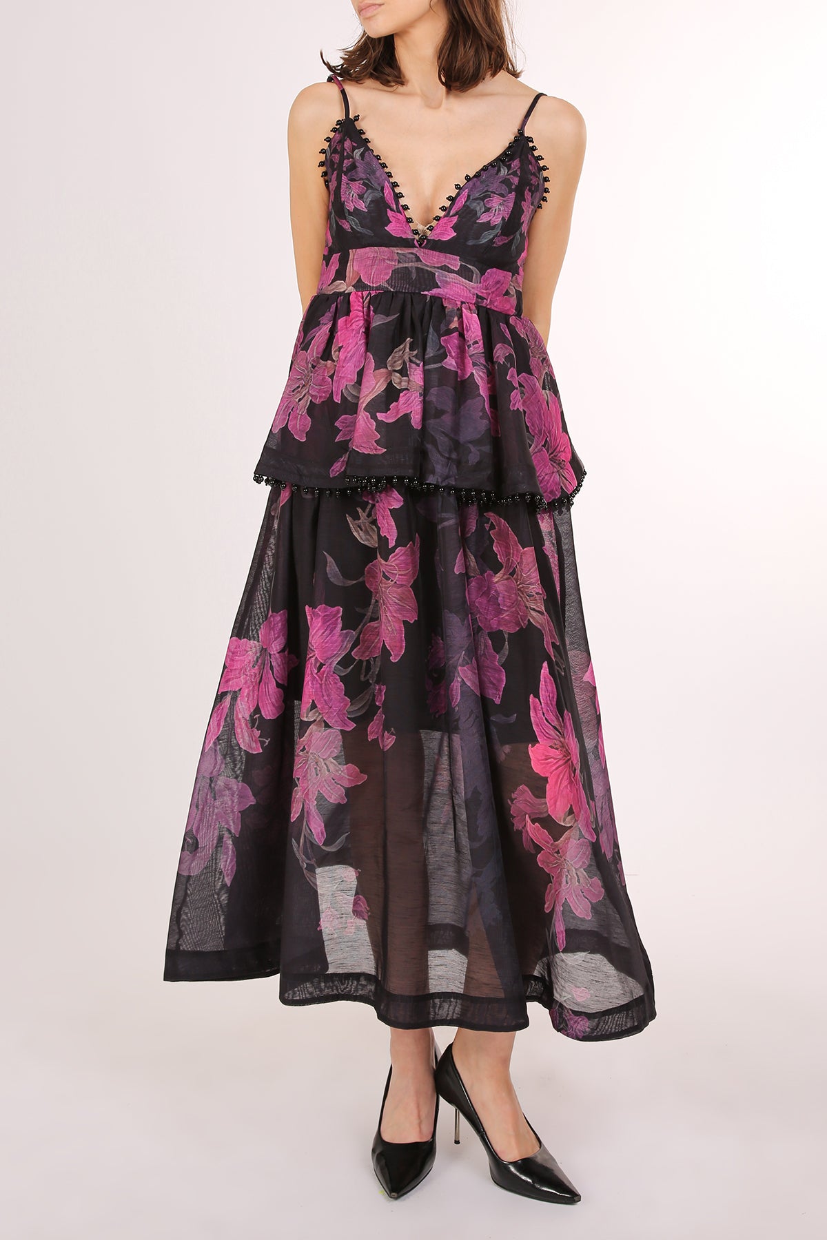 Tiara Beaded Trim Tiered Floral Print Maxi Slip Dress - Shop Beulah Style