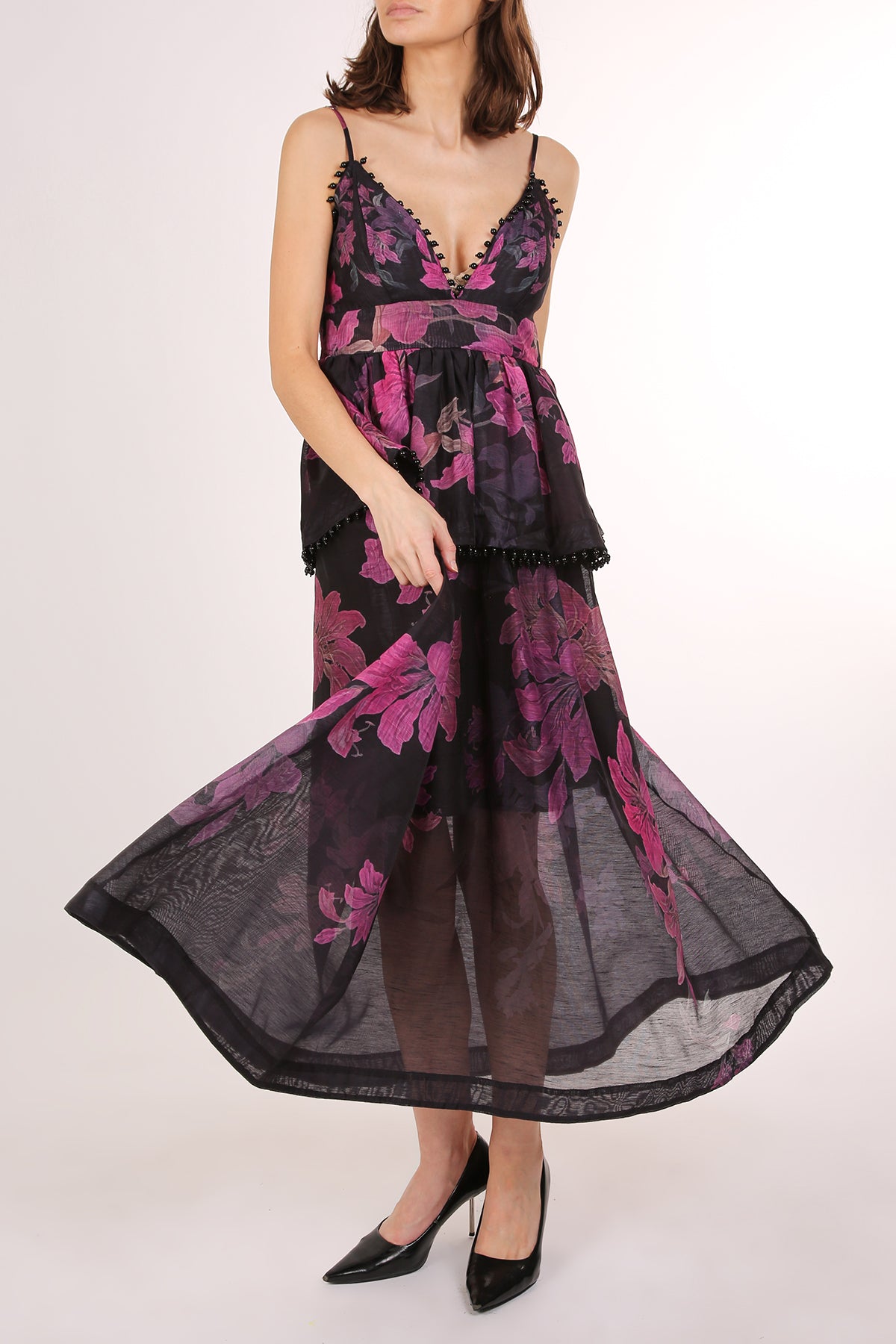 Tiara Beaded Trim Tiered Floral Print Maxi Slip Dress - Shop Beulah Style