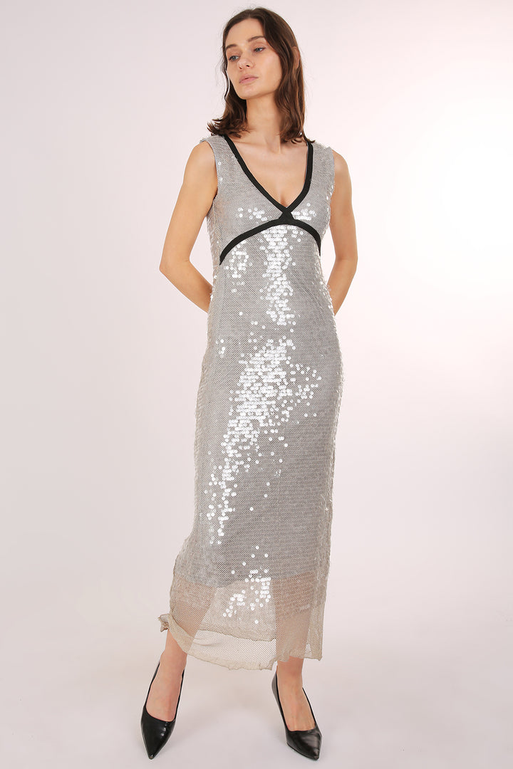 Trinity Sequined Mesh Contrast Lined Scoop Neck Maxi Dress