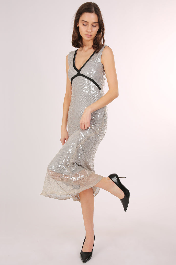 Trinity Sequined Mesh Contrast Lined Scoop Neck Maxi Dress