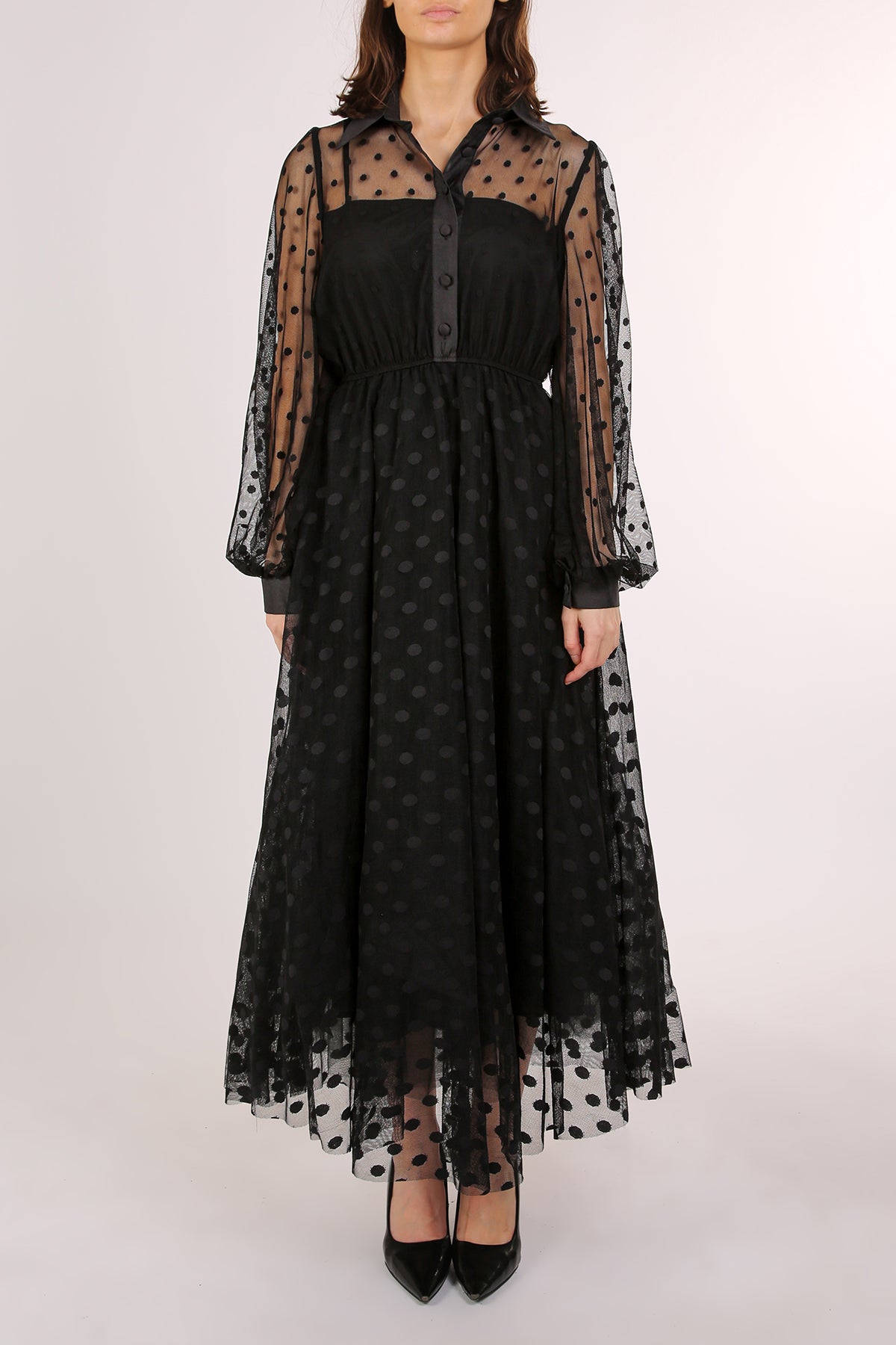 Honda Polka Dot Printed Sheer Maxi Shirt Dress - Shop Beulah Style
