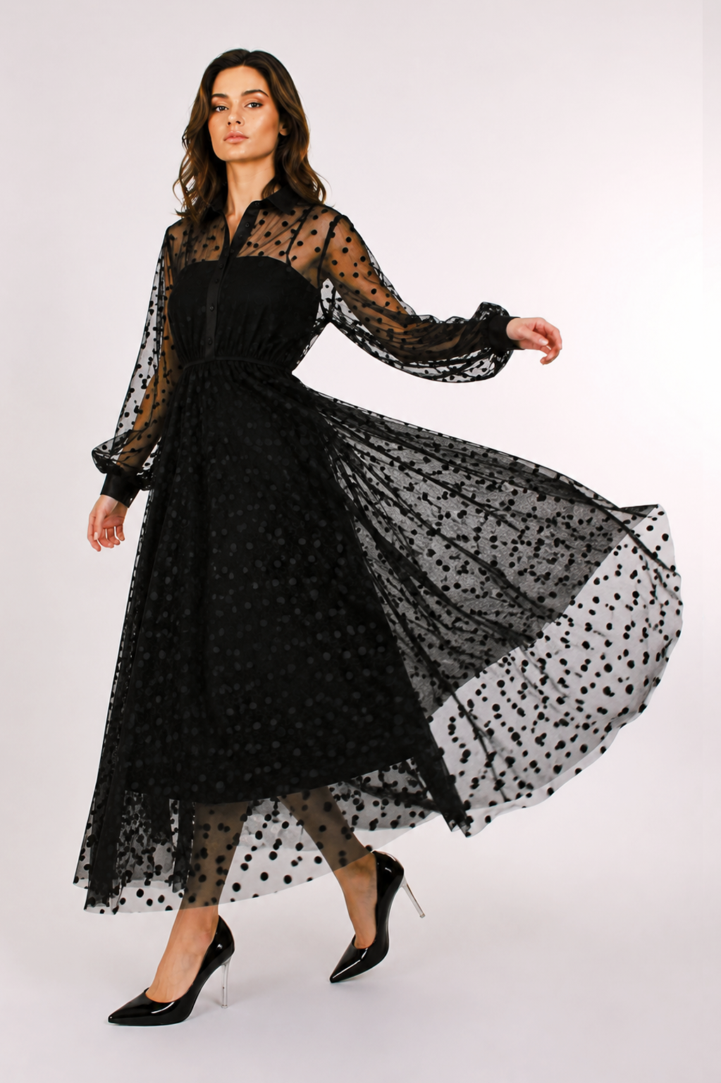 Samantha Polka Dot Printed Sheer Maxi Shirt Dress S / Black