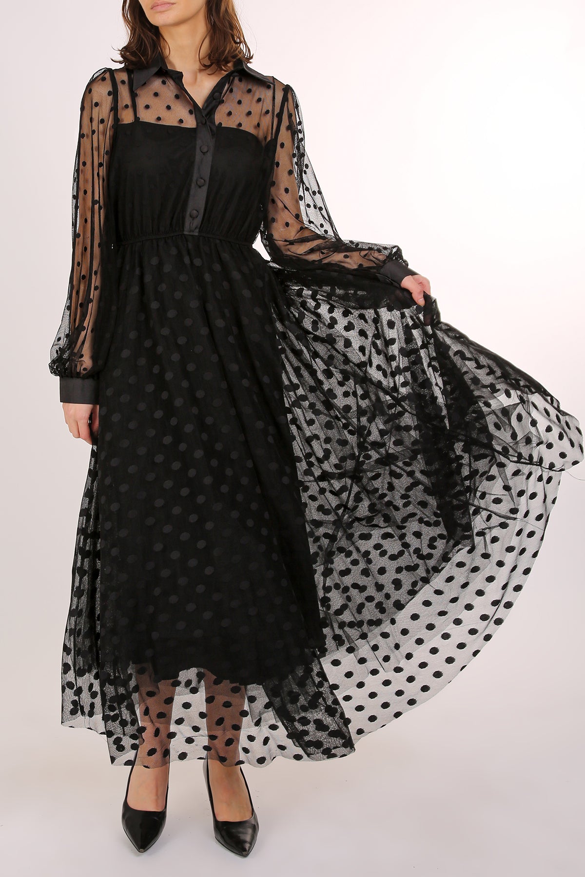 Honda Polka Dot Printed Sheer Maxi Shirt Dress - Shop Beulah Style