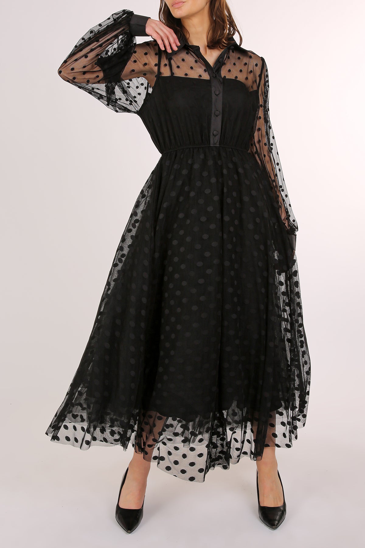 Honda Polka Dot Printed Sheer Maxi Shirt Dress - Shop Beulah Style