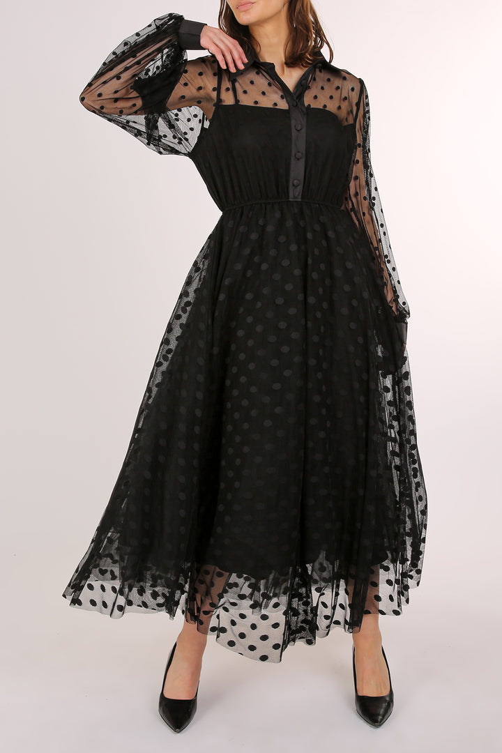 Alexis Polka Dot Printed Sheer Maxi Shirt Dress - Shop Beulah Style
