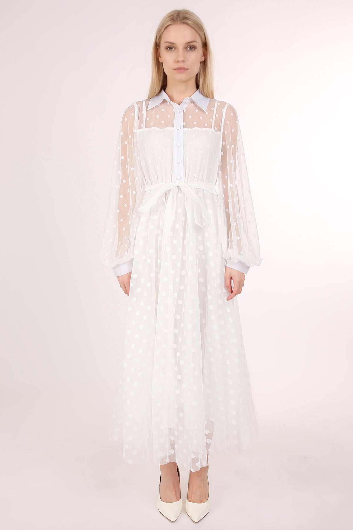 Samantha Polka Dot Printed Sheer Maxi Shirt Dress - Shop Beulah Style