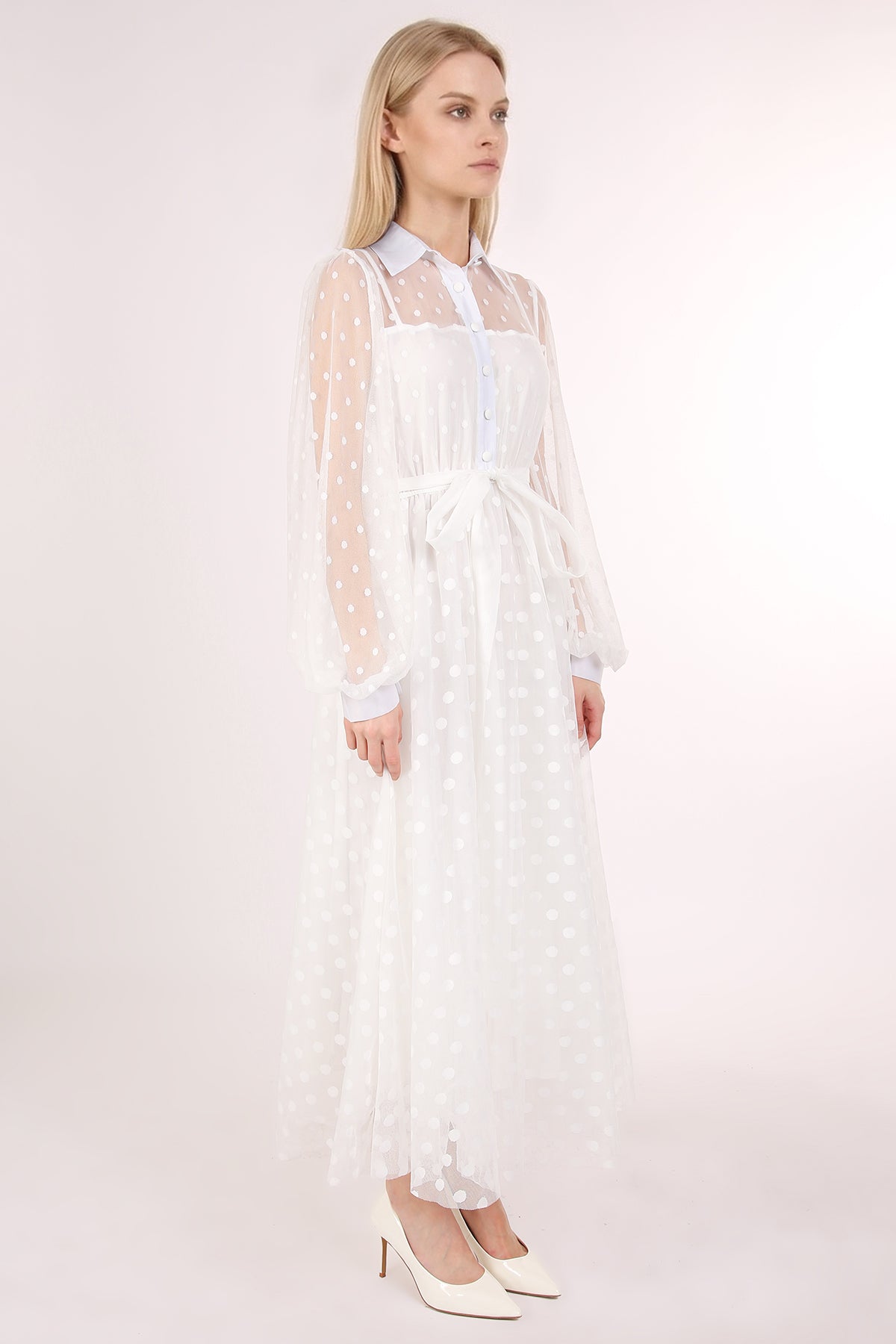 Samantha Polka Dot Printed Sheer Maxi Shirt Dress - Shop Beulah Style