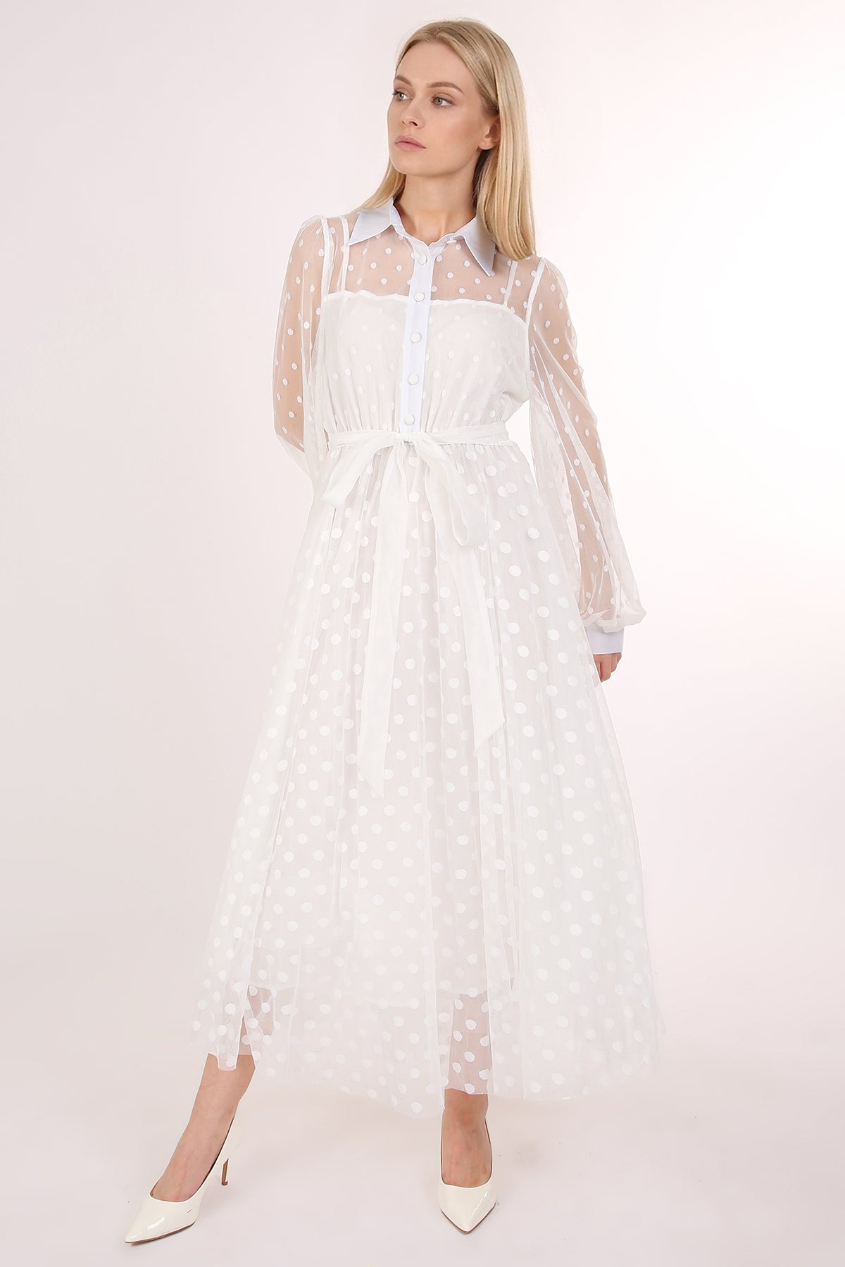 Samantha Polka Dot Printed Sheer Maxi Shirt Dress - Shop Beulah Style