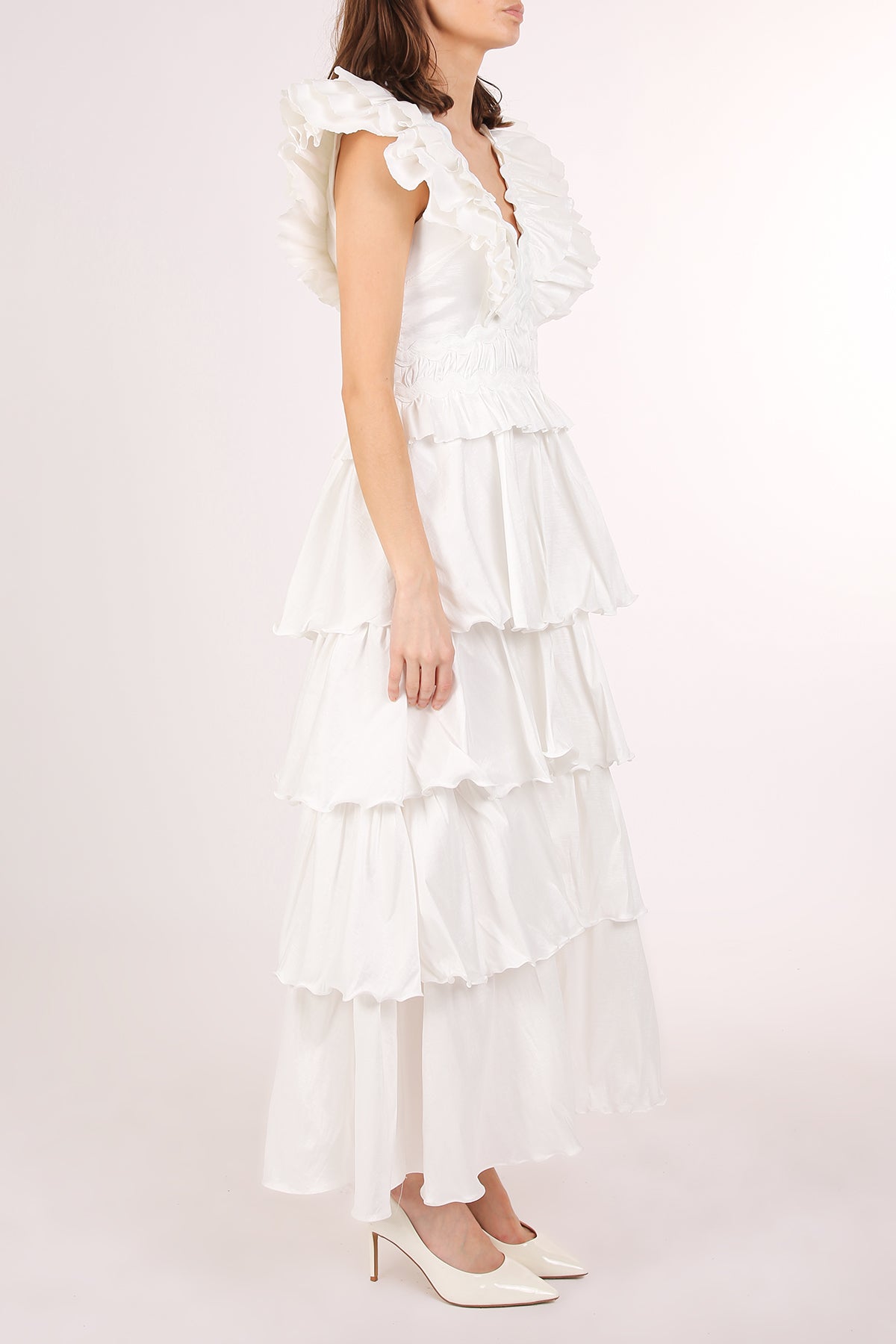 Eliana Tiered Ruffled Detail Lace Trim V-Neck Maxi Dress - Shop Beulah Style