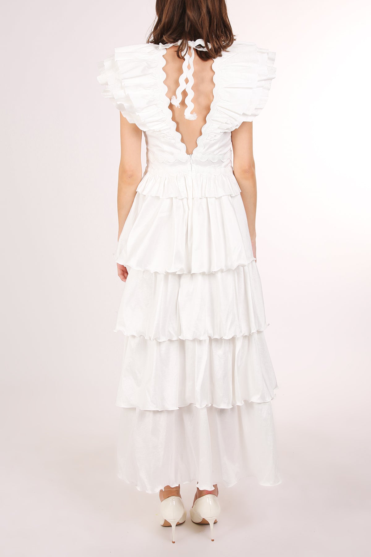 Eliana Tiered Ruffled Detail Lace Trim V-Neck Maxi Dress - Shop Beulah Style