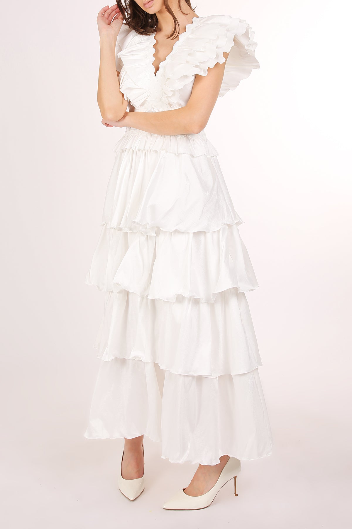 Eliana Tiered Ruffled Detail Lace Trim V-Neck Maxi Dress - Shop Beulah Style