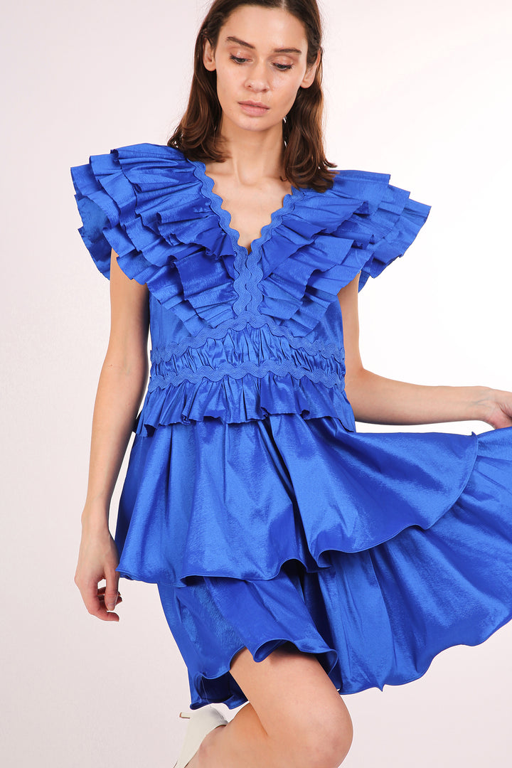 Liz Tiered Ruffled Detail Lace Trim V-Neck Mini Dress