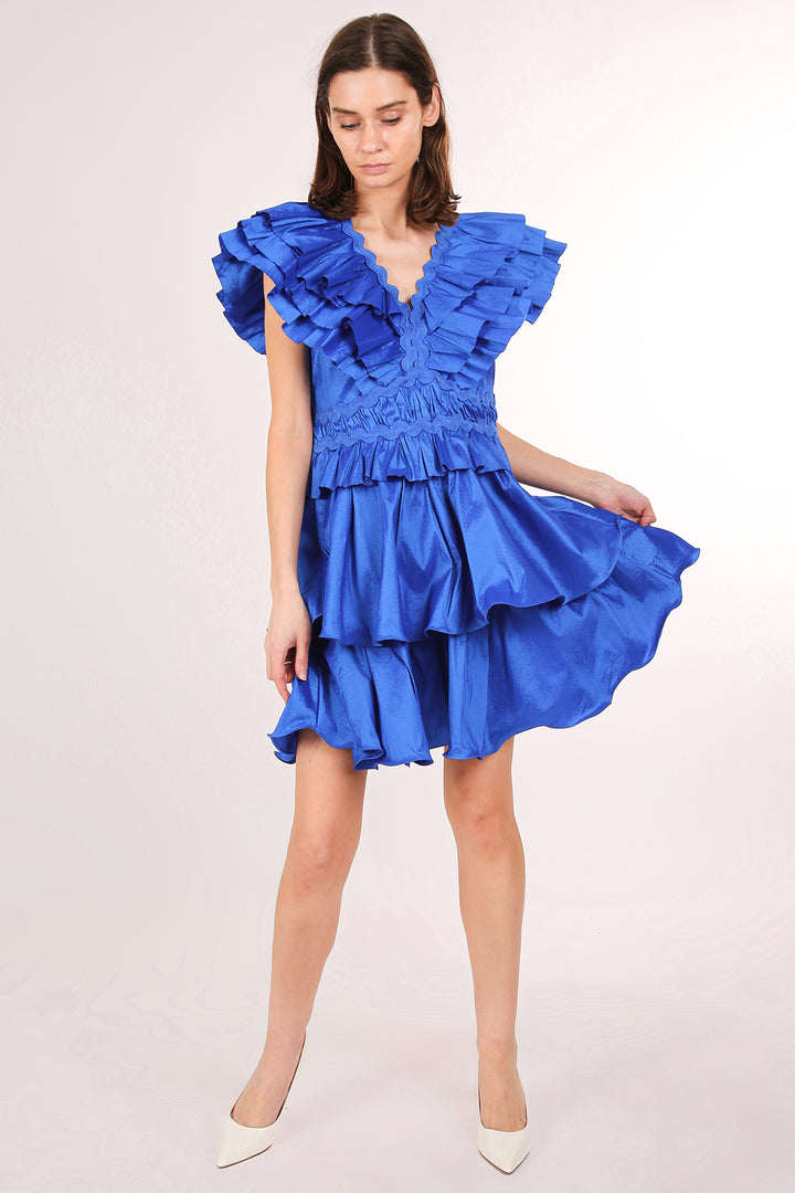 Liz Tiered Ruffled Detail Lace Trim V-Neck Mini Dress
