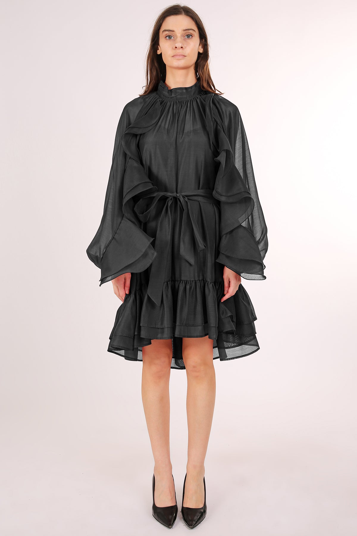 Thea Ruffled Trim Detail Belted A-Line Sheer Midi Dress - Shop Beulah Style