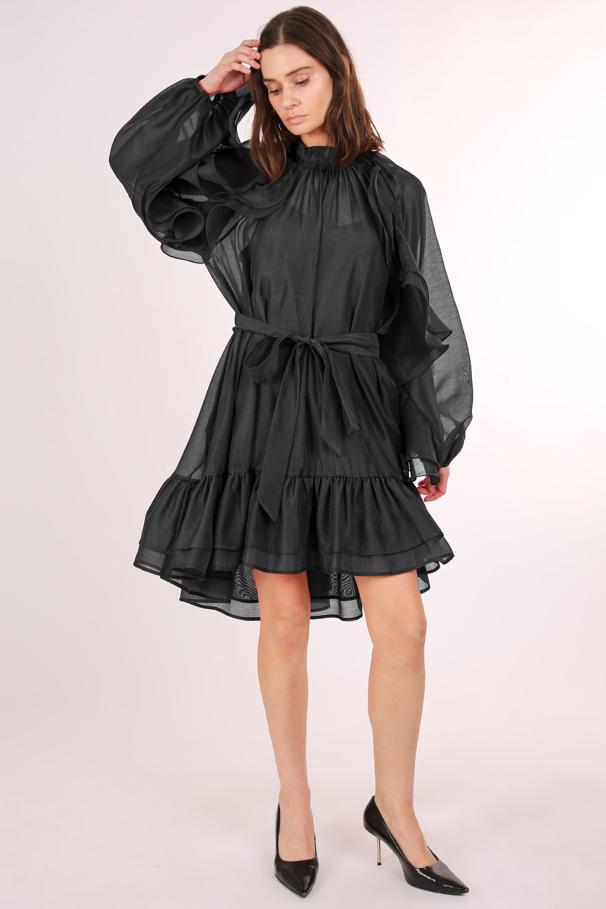 Thea Ruffled Trim Detail Belted A-Line Sheer Midi Dress - Shop Beulah Style