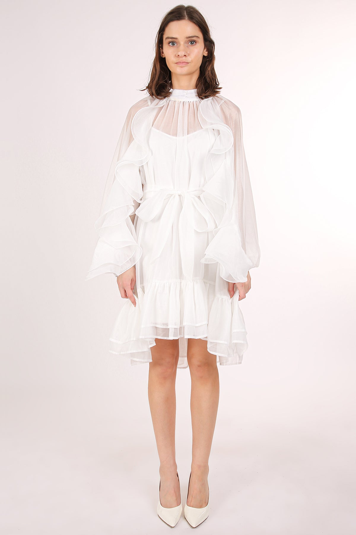 Thea Ruffled Trim Detail Belted A-Line Sheer Midi Dress - Shop Beulah Style