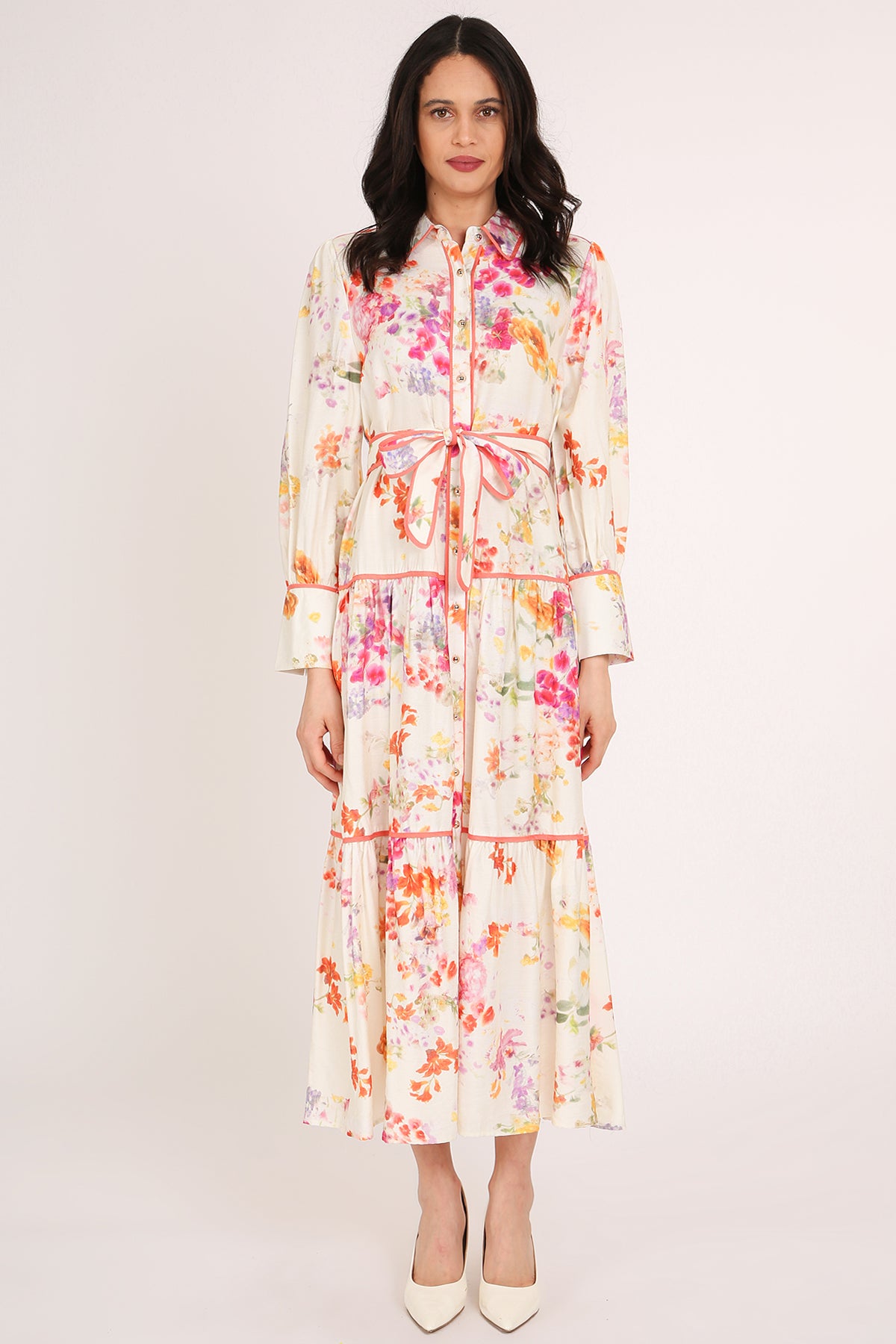 Sophia Painted Floral Print A-Line Tiered Maxi Shirt Dress - Shop Beulah Style